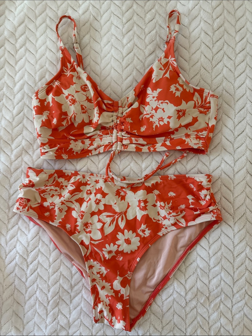 Floral High-Waist Bikini Set in Coral and Cream